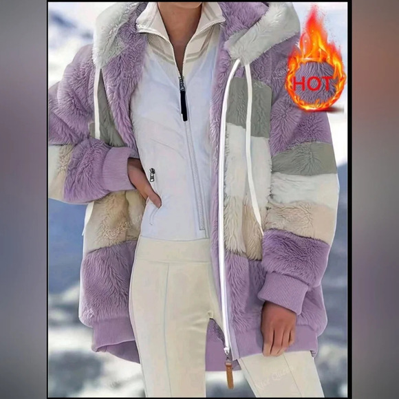 Furry Colorblock Hooded Oversized Jacket For Women, Autumn/Winter - Picture 1 of 5
